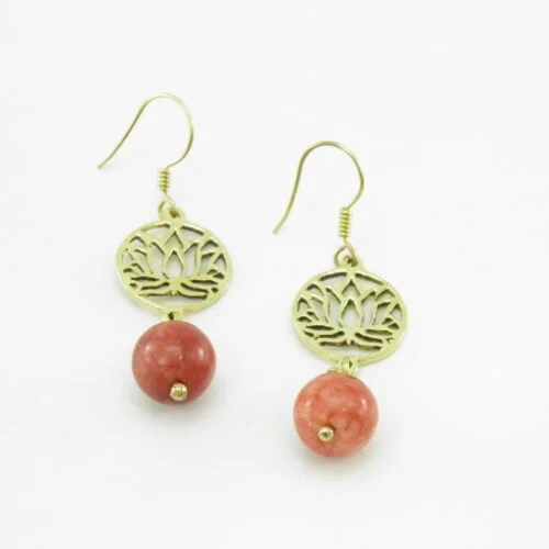 Earrings Lotus And Stone – Recycled Brass - Salmon Agate