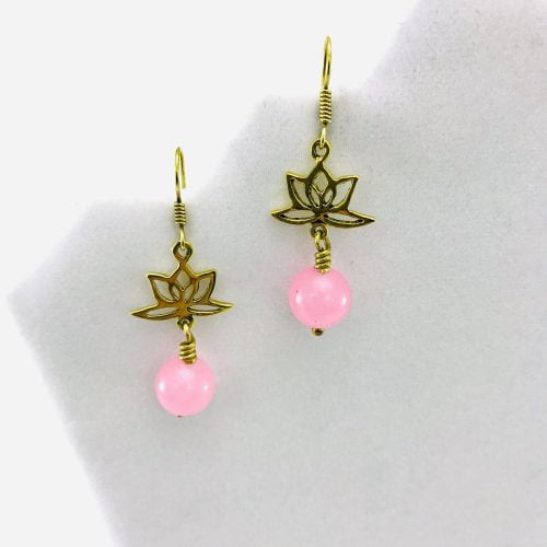 Earrings Lotus Design And Stone - Pink Agate