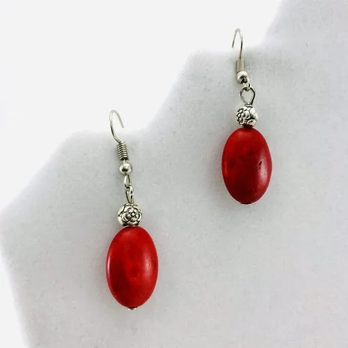 Flower And Stone Earrings - Red