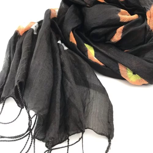 Organza Souple - Foulard soie - Noir-losanges jaunes et oranges - détail