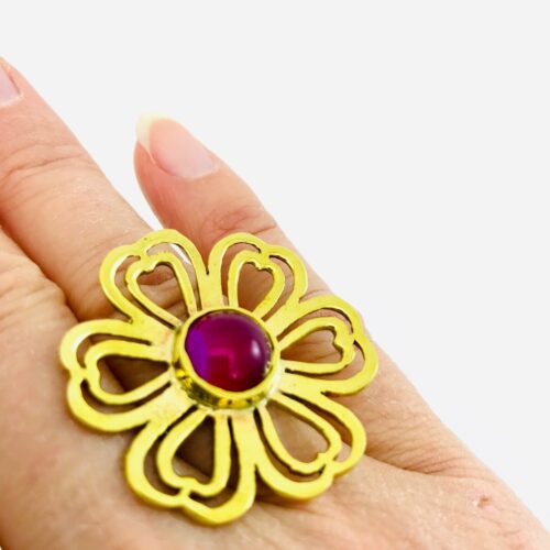 Ethical Flower Ring - Recycled Bullet Casing - Red Agate Hand